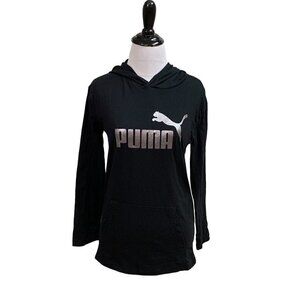 Puma Girl's T-Shirt L Large (14-16) with Hoodie Logo Print Silver Black Cotton